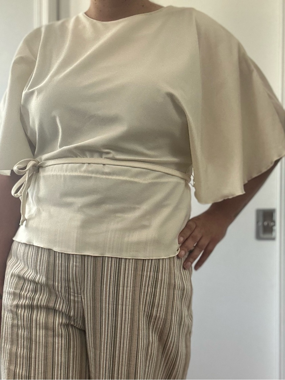 Lady Manhattan Cream Short Draped Sleeve Blouse with Tie Waist Detail